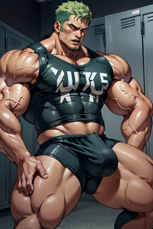 Sanji and Roronoa Zoro from One Piece stand next to each other in a locker room in football uniforms staring ahead blankly. Mouths hanging open. Turning into obedient hypnotized jock bros on a football team. Drinking protein shakes that turn them bigger and dumber. Growing bigger muscles and crotch bulges. Both have trained themselves to look and act like big dumb bodybuilder jocks. Blending in with the other bodybuilder jocks. Assimilation. Dumb jock bros. Blank stares. Hyper crotch bulges. Dumber and dumber. IQ drain. Both equally muscular. Sanji and Roronoa Zoro both saying in unison: "Must get pumped.... Must get swoll..... Deeper ... Must give up control.... Must grow dumb.... Must not think.... Must not be the weakest link.... Must obey.... Obey ... Coach.... Yes, Coach, we must obey.... The Big Dumb Jocks are here to stay...." Chuckling vapidly. Drooling. Hyper biceps. Hyper triceps. Broad shoulders. Thick, meaty hyper pecs. Hyper traps. Big deltoids. Big lats. Tank tops. Blank stare. Open mouths. Vapid. bros. bodybuilders. IQ drain. Jocks. hypnosis. dumber. Big crotch bulges. Dumbing down. Brainwashing. Giant muscles. Hyper muscles. Dumber and dumber. Bigger and bigger. Muscleheads. Meatheads. Jocks. Hypnotized. Brainwashed. Brainwashing. Subliminal hypnosis. Both flexing. Both showing off hairy armpits. Tall and muscular. mindless. Brainless. Jock bro assimilation. Integration. Conformity. Brutes. Muscleheads. Hairy pecs. Treasure trail. Brutification. Brutish.
