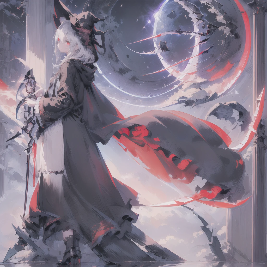 score_9, score_8_superior, score_7_superior, sauce_anime, masterpiece, Highest quality, High resolution, Highly detailed CG, Absurd, In the dark night, Midnight, indoor, in a dark and mysterious mansion, One girl, alone, ((Expressionless)), A Magus girl with white hair With a lantern and carry a magical Sickle, Witch Hat, Frilled short skirt, red and black outfit, Sickle, テーブルのsuperiorの頭蓋骨, Decorate the walls with bones, black_theme, Candela, ((mysterious)), ((Occultism)), (black_magic),For more information, click here XL,(((Perfect hands))), ((With a lantern)),((indoor))