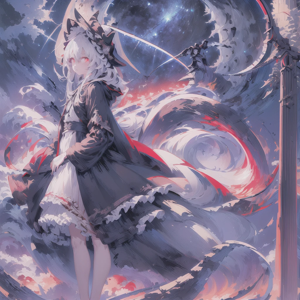 score_9, score_8_superior, score_7_superior, sauce_anime, masterpiece, Highest quality, High resolution, Highly detailed CG, Absurd, In the dark night, Midnight, indoor, in a dark and mysterious mansion, One girl, alone, ((Expressionless)), A Magus girl with white hair With a lantern and carry a magical Sickle, Witch Hat, Frilled short skirt, red and black outfit, Sickle, テーブルのsuperiorの頭蓋骨, Decorate the walls with bones, black_theme, Candela, ((mysterious)), ((Occultism)), (black_magic),For more information, click here XL,(((Perfect hands))), ((With a lantern)),((indoor))