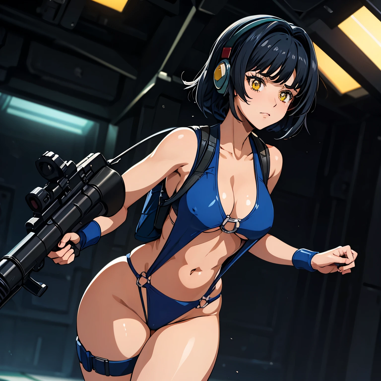 Imperial Guard Combat Uniform Swimsuit, o-ring bikini, v gundam, swimsuit, absurdres, highres, solo, cowboy shot, 1girl, neneka nibrou \(cosplay\), wristband, headphone, holster, backpack, holding gun, aiming, perfect hands, wind, (highres,best_quality,masterpiece), medium breast, hair ornament, Katia_Grignard, KatiaGrignard, black hair, medium hair, yellow eyes