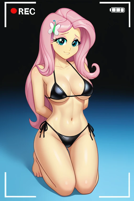 equestria girl. Hasbro. fluttershy. Big boobs. Black leather bikini. Sexy pose. Recording video. On knees 