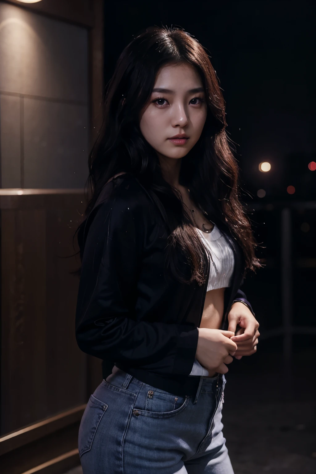 A korean woman, early 20s, brown eyes, long curly black hair, cinematic lighting purple lights, euphoria style lighting, album cover, singer, moonlight, casual outfit,