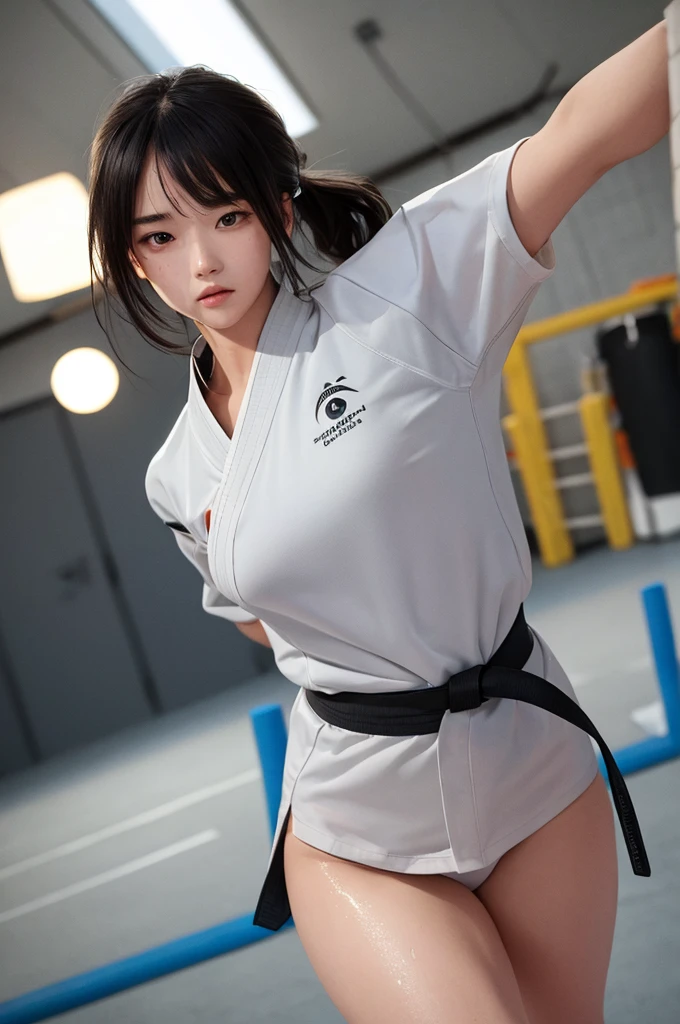 (Best Quality,8k,hight resolution,masuter piece:1.2),Ultra-detailed,Realistic:1.37,Portrait,Dynamic Angle,(Female karate athletes) ,White kimono,age girl,small head,Cute,Sporty,Charming face,Detailed beauty face,Very realistic skin,Wet skin,Sweat,Large breasts,nice legs ,Sporty,Karate Venue ,Cinematic lighting,
Full body angle,The woman's hair color is silver,Wearing a white karate uniform,No bra,Wearing thong underwear,A white karate uniform is worn around the shoulders.,Black belt,It's necessary,Karate Women,M-shaped legs,Nude Bondage,rope,Karate Girl