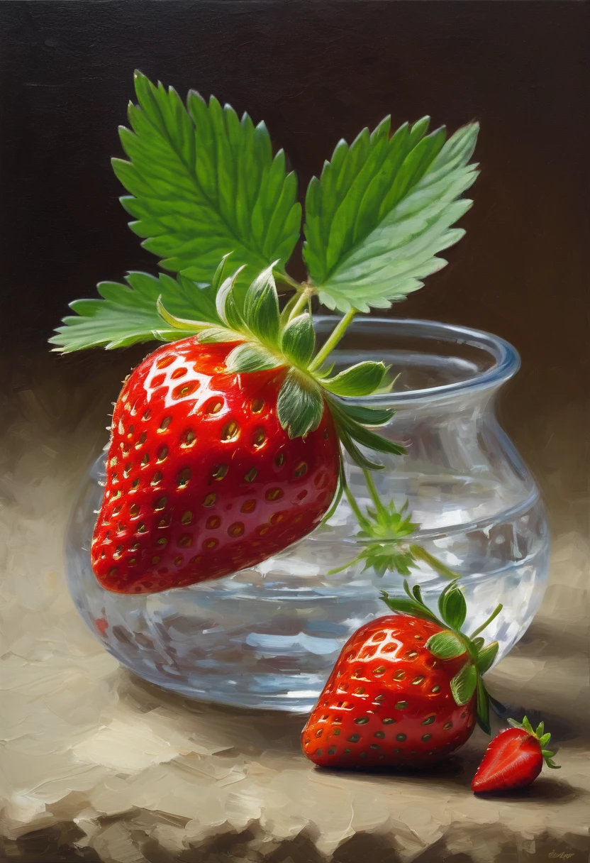 (8k, Highest quality, masterpiece)，{Realistic, RAW Photos, Super Fine Clear, Impressionist painting, (Impressionist paintingの影響を受けた,, Still life, A picture of a single strawberry:1.6)}, Simple Background, peacefulness, Solemn