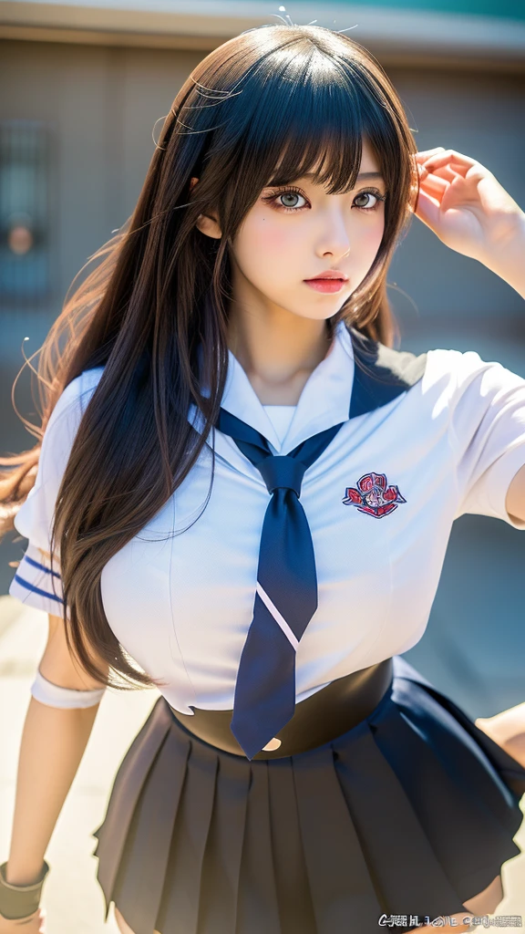 top-quality, 8K picture quality, masterpiece, Professional lighting without shadows, A hyper-realistic, perfect anatomia, (Two girls), (with perfect body、Colossal breasts with tension:1.2), Bright whitening skin, (Plump red tear bags and bright and beautiful blue eyes reflect a lot of light:1.2)、 A deep red ribbon tie is wrapped around the collar..、A tight and neat blouse made of ultra-thin white fabric that fits perfectly against your skin.、No skin is exposed on the upper body。, Dress up with a super short mini pleated tartan check skirt., (her skirt is dramatically too short:1.3), (Proudly showing off her taut huge breasts from the front through her blouse:1.2), (Another girl on the other side pulls up her skirt and shows off her big ass from behind:1.2),