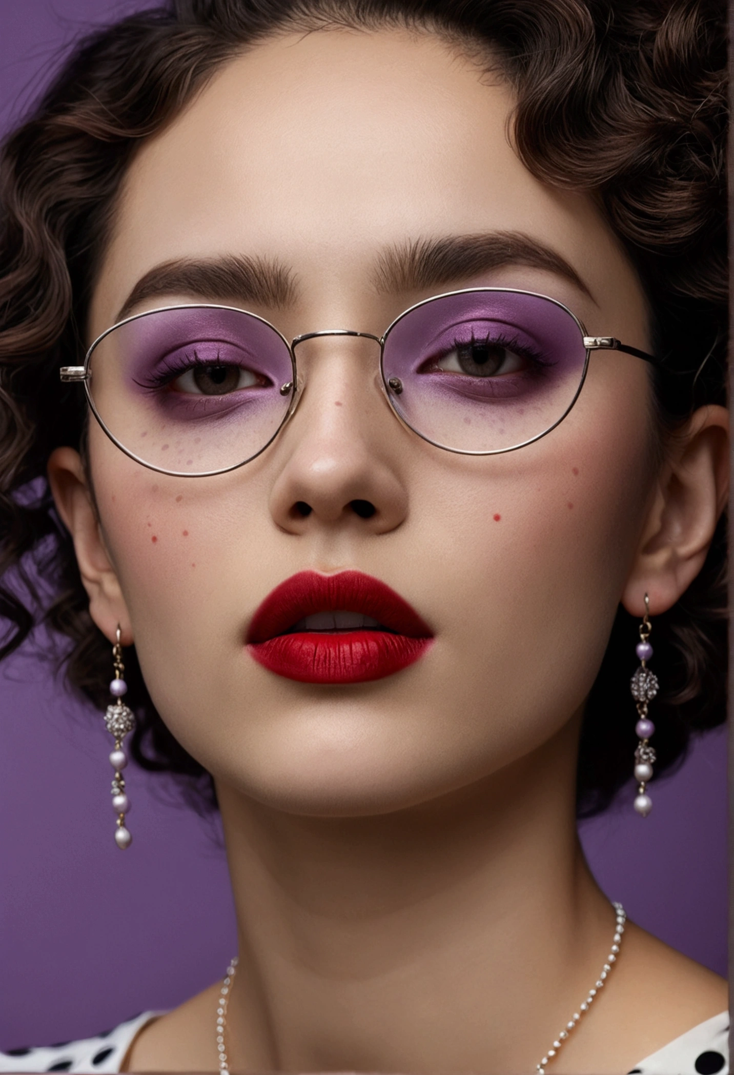 slightly curly hair, rimless glasses, small spots under the corners of the mouth, / lilac note earrings, mouth slightly closed, Red lips, Surrealism, High detail, strong chiaroscuro, film graininess, panorama, ultra high definition, necessary, textured skin.