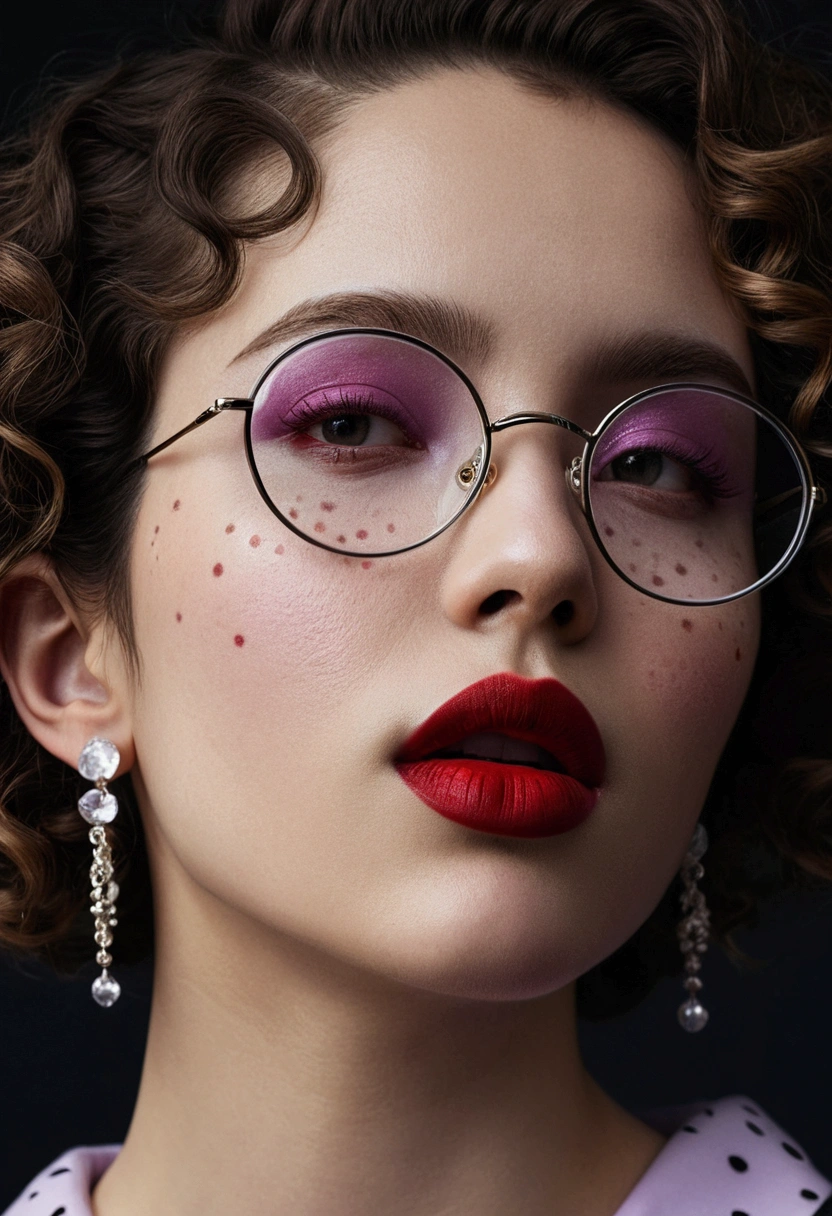 slightly curly hair, rimless glasses, small spots under the corners of the mouth, / lilac note earrings, mouth slightly closed, Red lips, Surrealism, High detail, strong chiaroscuro, film graininess, panorama, ultra high definition, necessary, textured skin.