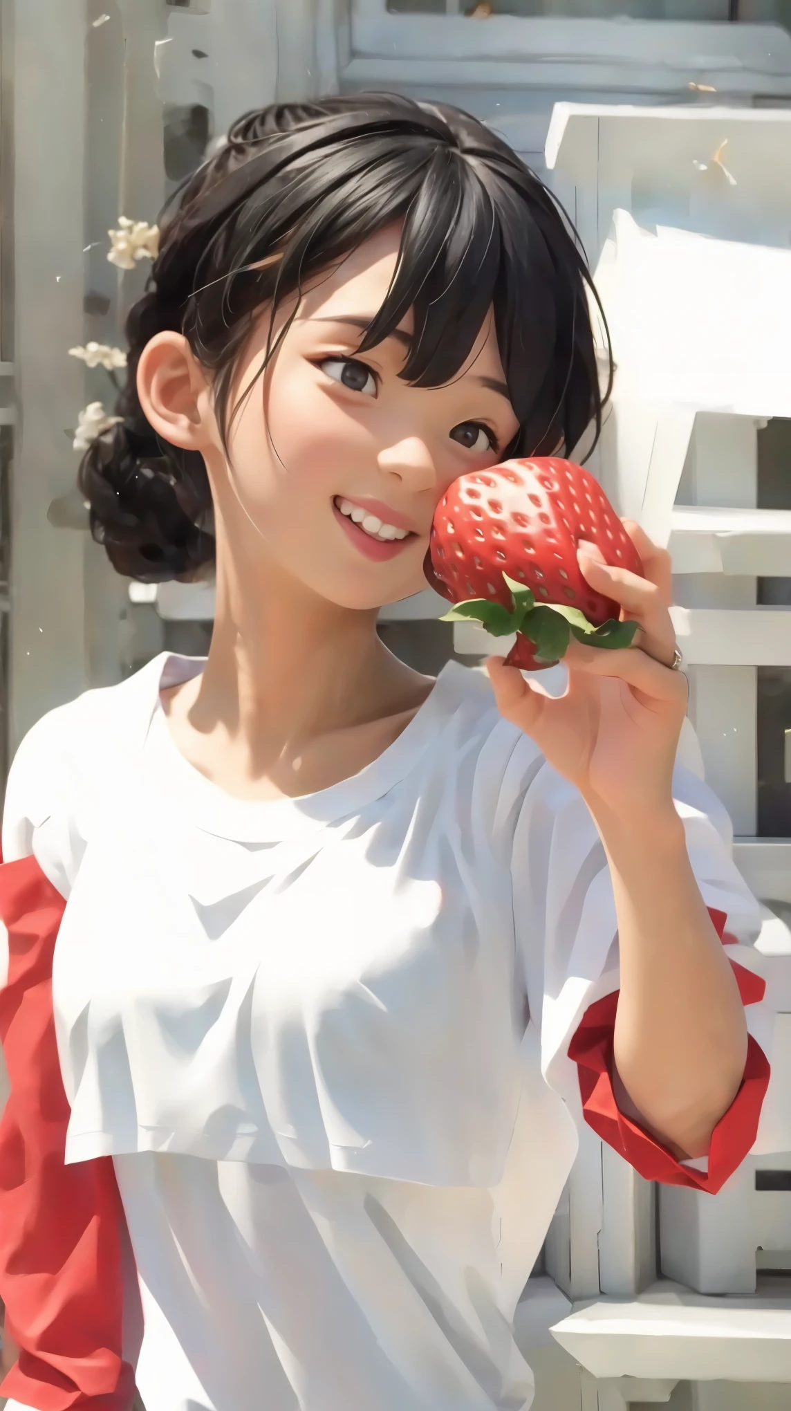 A girl biting into a large strawberry