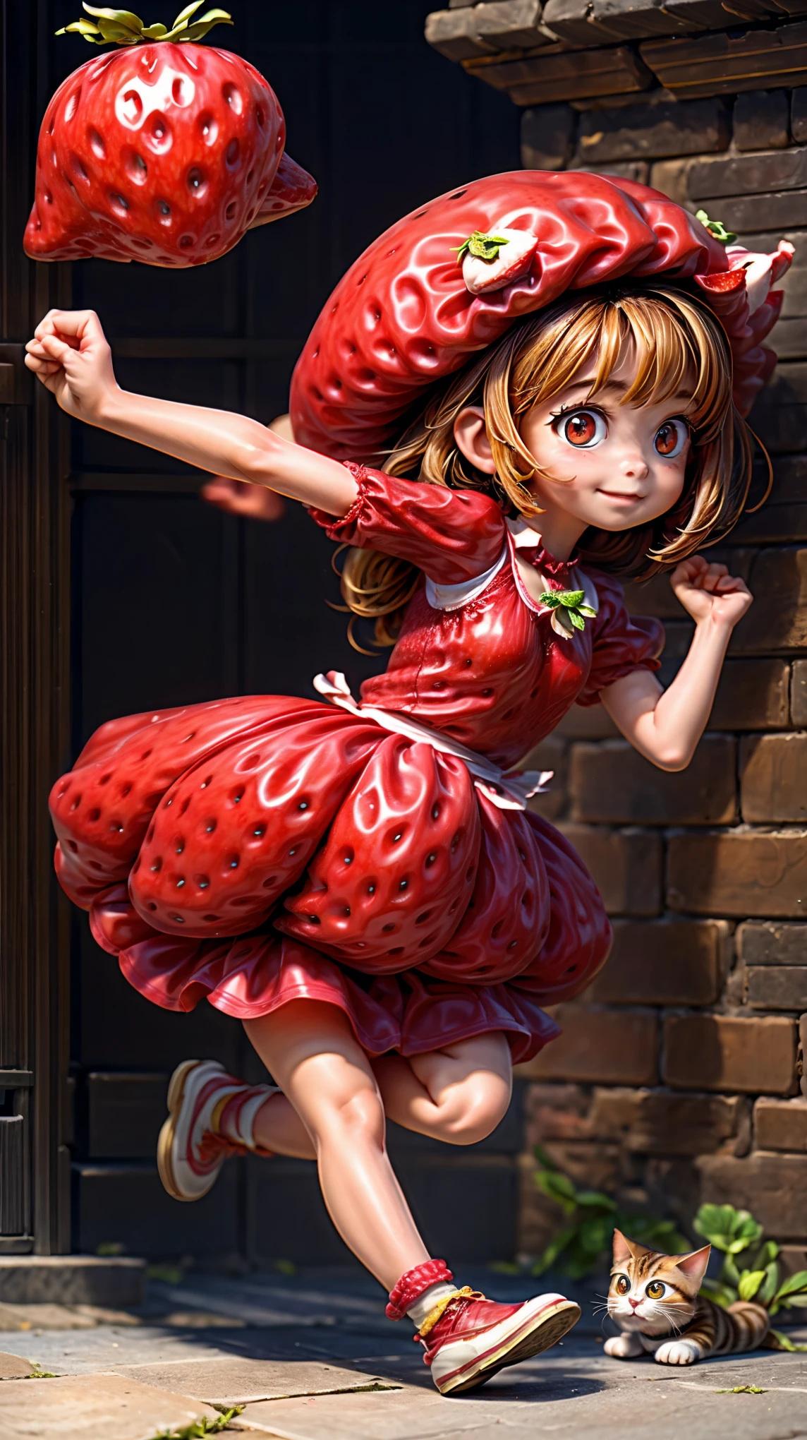 A large strawberry with a girl's face and limbs, running away from a cat before being eaten