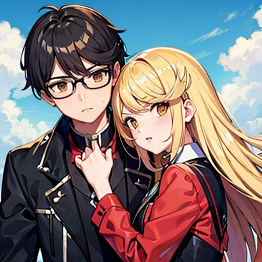 1 boy with black hair, Red jacket and glasses romantically kissing a girl with blonde hair and amber eyes. Flower field in the background., True love, blushing cheeks, high quality 