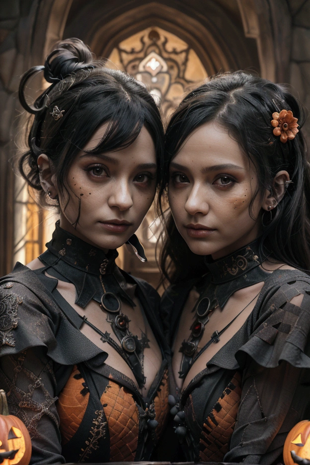 UHD, retina, accurate, anatomically correct, textured skin, super detail, high details, high quality, best quality, highres, 16k, couple of witches in front of a cursed mansion with pumpkins