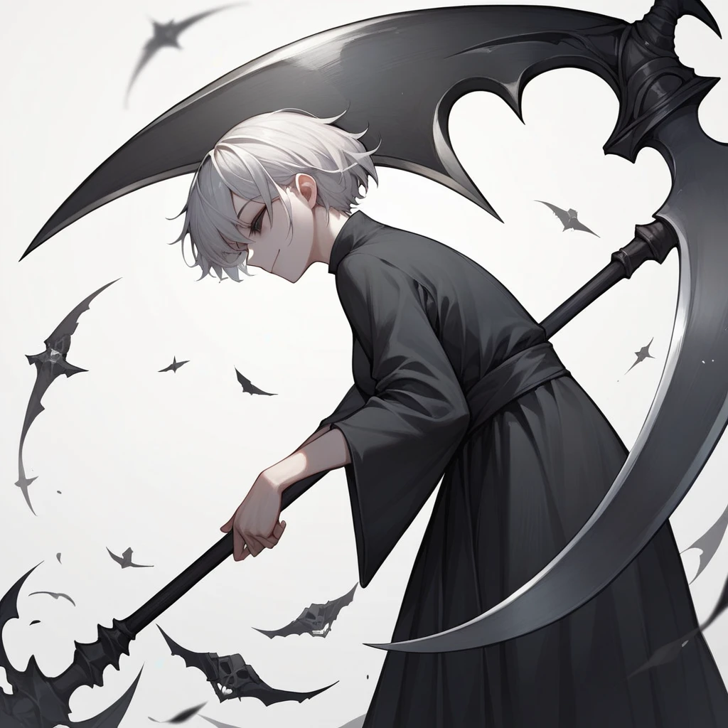 1 girl, female, tall, pale skin, short white hair, black hair streaks, closed smile, black eyes, black robe, scythe, death, anime style, digital art, white background, icon