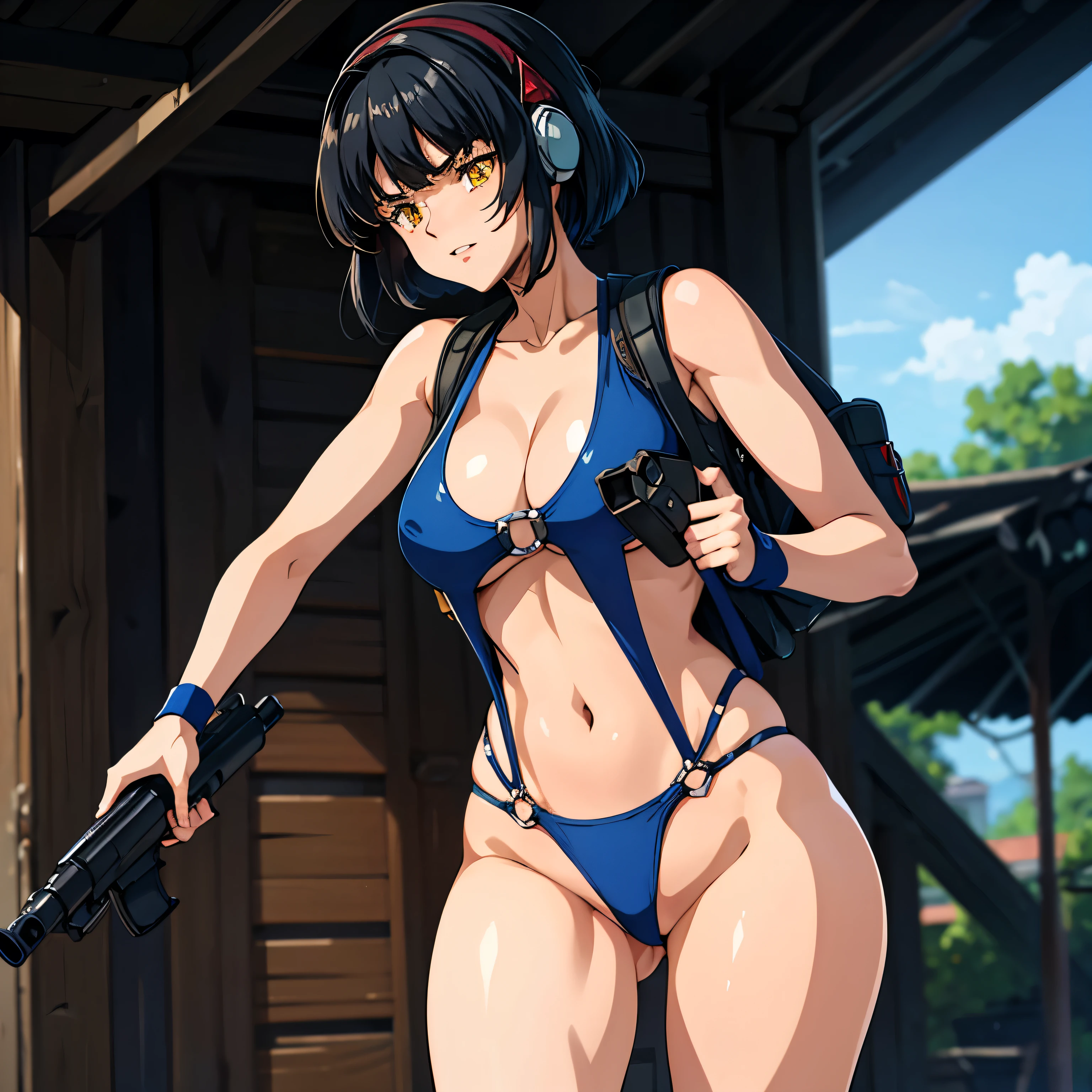 Imperial Guard Combat Uniform Swimsuit, o-ring bikini, v gundam, swimsuit, absurdres, highres, solo, cowboy shot, 1girl, neneka nibrou \(cosplay\), wristband, headphone, holster, backpack, holding gun, aiming, perfect hands, wind, (highres,best_quality,masterpiece), medium breast, hair ornament, Katia_Grignard, KatiaGrignard, black hair, medium hair, yellow eyes