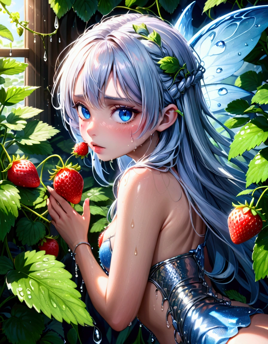 A strawberry plant with a few ripe strawberries and several maturing ones, dew drips off the plant, a silvery fairy dragon with big blue eyes is coiled under the plant looking longingly at ripe ones