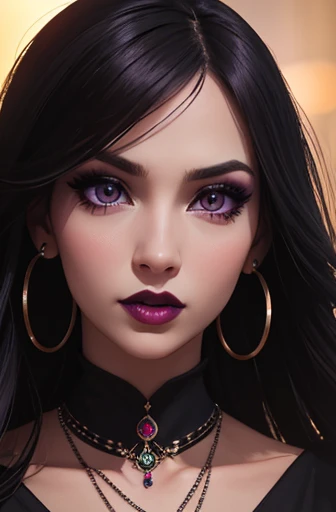 Photograph, Professional full-body, (detailed face and eye:1.4), purple eyes, (deep cleavages:1.3), colorful, color photography of woman, (dark makeup), necklace, earrings, (dark lipstick), partered lips, sharp focus, focus on face, insanely sharp details, extremely detailed, (gigantic breasts in frame:1.1), 4K HQ, 8K, depth of field, f/1.2, leica, 8K HDR, High contrast, highly retouch, shadows, bokeh, award winning photography, best photographers.
