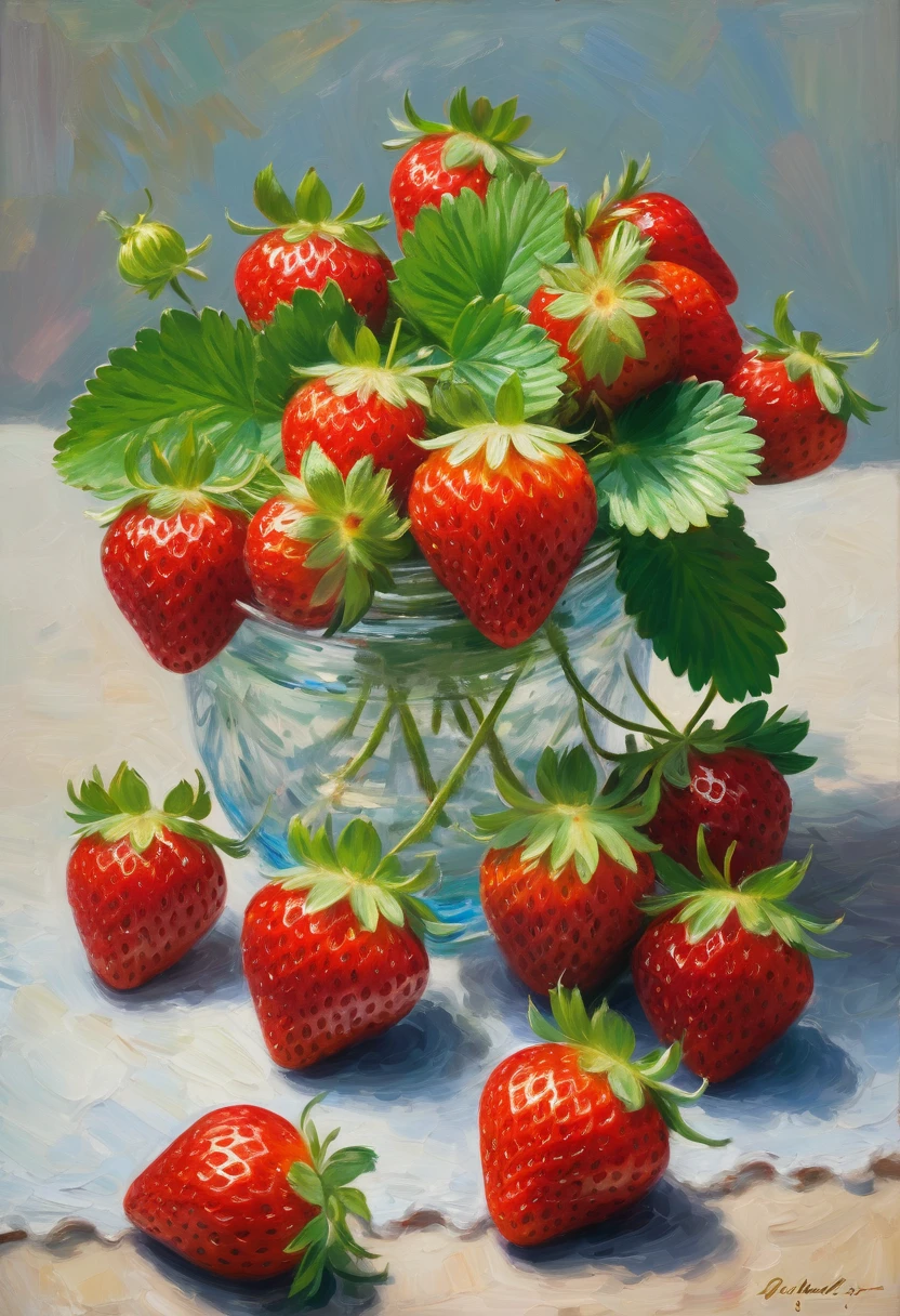 (8k, Highest quality, masterpiece)，{Realistic, RAW Photos, Super Fine Clear, Impressionist painting, (Impressionist paintingの影響を受けた, Influenced by Monet, Still life, A picture of a single strawberry:1.6)}, Simple Background, peacefulness, Solemn