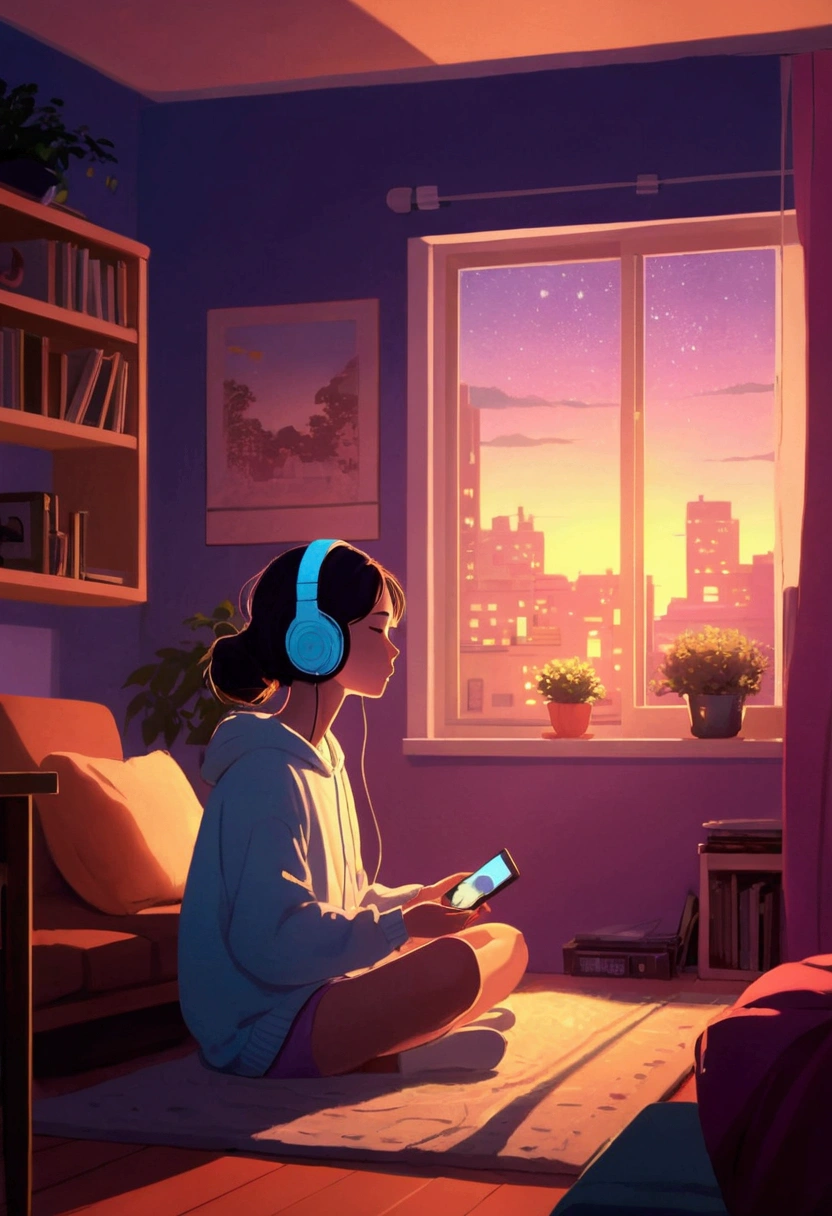 night、Girl listening to music in a cozy room, Using headphones, 2D-style animation, Lo-Fi, hard disk、Animation color photo、calm afternoon