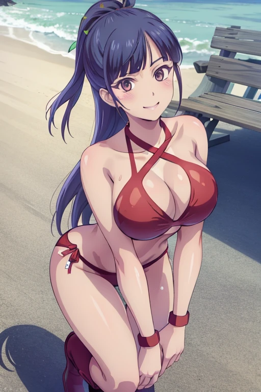 masterpiece, best quality, beautiful art, high resolution, well formed hands, body and fingers, 1 woman, solo, Ami  Tsuruga, full body picture, grown up, adult, large and rounded breasted, cleavage, hair ornament, wearing a Tyris Flare outfit ,  white_bikini, full body, sexy and skimpy  bikini, gorgeous  hips, legs and thighs bouncing breasts, red boots, dancing seductively and erotically, turning backwards and forwards, showing her back, bikini thong, shaking her body alluringly, smiling joyfully, looking at the viewer, sweating , flirting, beach environment 