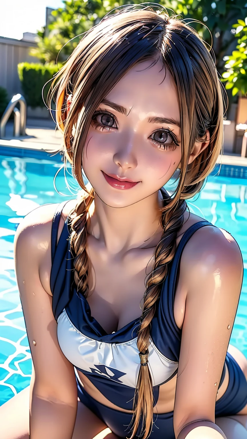 Realistic, masterpiece, Highest quality, Highest Resolution, High Detail, Soft Light, Professional Lighting, Backlight, Film Grain, The background is blurred, Japanese schoolgirl, (The subject was photographed from below, The subject does not look at the camera:1.3), 16 years old, Upper body photo, Looks sleepy, inattention, Grinning, Open your mouth, Beautiful and detailed eye drawing, (Droopy eyes:1.3), Dark Eyes, Thin eyebrows, Draw eyelashes carefully, Eyelash extensions, Gal Makeup, Orange Cheek, (White brown braids,Short Hair, middle part:1.3), (Hidden eyelid wrinkles:1.3), (Latex swimsuit:1.3), (Poolside under the blazing sun:1.3)