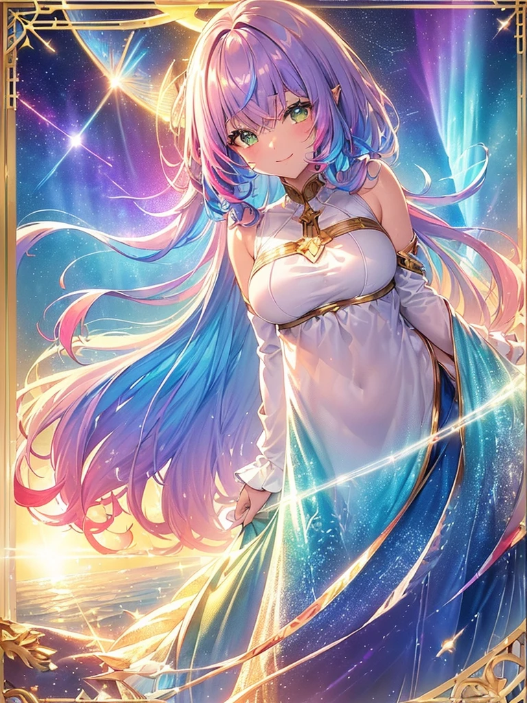 Light focus , (Bright gradient watercolor :1.5, Lens Flare:1.5 , Glitter :1.5), (fruit:1.5,a cake:1.5、girl with:1.5, fluffy girl:1.5)、full body Esbian、monstergirl、Glow , Dreamy , Bright background、Grid illusion, Colorful, girl、(((Bright sea background:1.5,Psychic in the background:1.5))),((extremely detailed eye:1.5)),{{{Ultra 8K resolution}}},((masutepiece, of the highest quality, Beautiful and aesthetic: 1.2)),{{hyper detailed masterpiece: 1.7}}, {{Cinematic lighting}},(The hair Transparency:1.5),(Light shades:1.5,light toned,Bright big aurora background:1.5、ming:1.5,Cold reflection:1.5,The edges of the object are reflected by a rainbow:1.5) 、(Golden ratio: 1.2), (Full body: 1.2), (Super Detail: 1.3), (girl with: 1.3), (Fractal Art: 1.3), {{{Glitter Pupil:1.25}}}) , ((rainbow-colored hair:1.2、colourful hair、Half blue and half red hair:1.5,Shiny hair: 1.2)), (Heterochromia), (full body Esbian), (Hyper-detailing), ((delicate detail)), (intricate-detail), ((Cinematic Light, Highest quality backlight)), High contrast, {{{The best lighting, Very delicate and beautiful}}}, (( Cinematic Light)), (ray trace reflection, Glow), (((glowing aura)), {{{Glowing hair:1.25}}}, ((Super Detail)), (8K)), ((a closeup)), ((Brown skin)), ((Seductive smile)) ,((high angle full body shot)), (Full body:1.2)、(firmament:1.5)