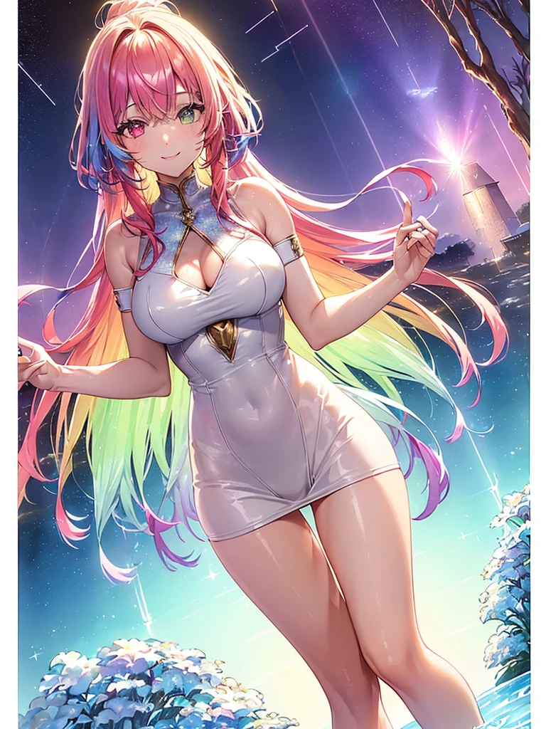 Light focus , (Bright gradient watercolor :1.5, Lens Flare:1.5 , Glitter :1.5), (fruit:1.5,a cake:1.5、girl with:1.5, fluffy girl:1.5)、full body Esbian、monstergirl、Glow , Dreamy , Bright background、Grid illusion, Colorful, girl、(((Bright sea background:1.5,Psychic in the background:1.5))),((extremely detailed eye:1.5)),{{{Ultra 8K resolution}}},((masutepiece, of the highest quality, Beautiful and aesthetic: 1.2)),{{hyper detailed masterpiece: 1.7}}, {{Cinematic lighting}},(The hair Transparency:1.5),(Light shades:1.5,light toned,Bright big aurora background:1.5、ming:1.5,Cold reflection:1.5,The edges of the object are reflected by a rainbow:1.5) 、(Golden ratio: 1.2), (Full body: 1.2), (Super Detail: 1.3), (girl with: 1.3), (Fractal Art: 1.3), {{{Glitter Pupil:1.25}}}) , ((rainbow-colored hair:1.2、colourful hair、Half blue and half red hair:1.5,Shiny hair: 1.2)), (Heterochromia), (full body Esbian), (Hyper-detailing), ((delicate detail)), (intricate-detail), ((Cinematic Light, Highest quality backlight)), High contrast, {{{The best lighting, Very delicate and beautiful}}}, (( Cinematic Light)), (ray trace reflection, Glow), (((glowing aura)), {{{Glowing hair:1.25}}}, ((Super Detail)), (8K)), ((a closeup)), ((Brown skin)), ((Seductive smile)) ,((high angle full body shot)), (Full body:1.2)、(firmament:1.5)
