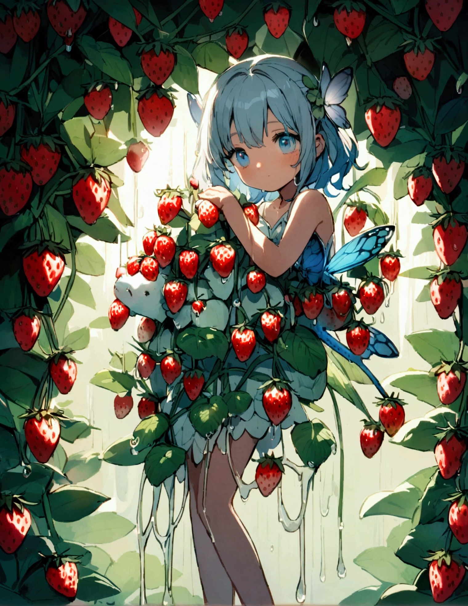 A strawberry plant with a few ripe strawberries and several maturing ones, dew drips off the plant, a silvery fairy dragon with big blue eyes is coiled under the plant looking longingly at ripe ones
