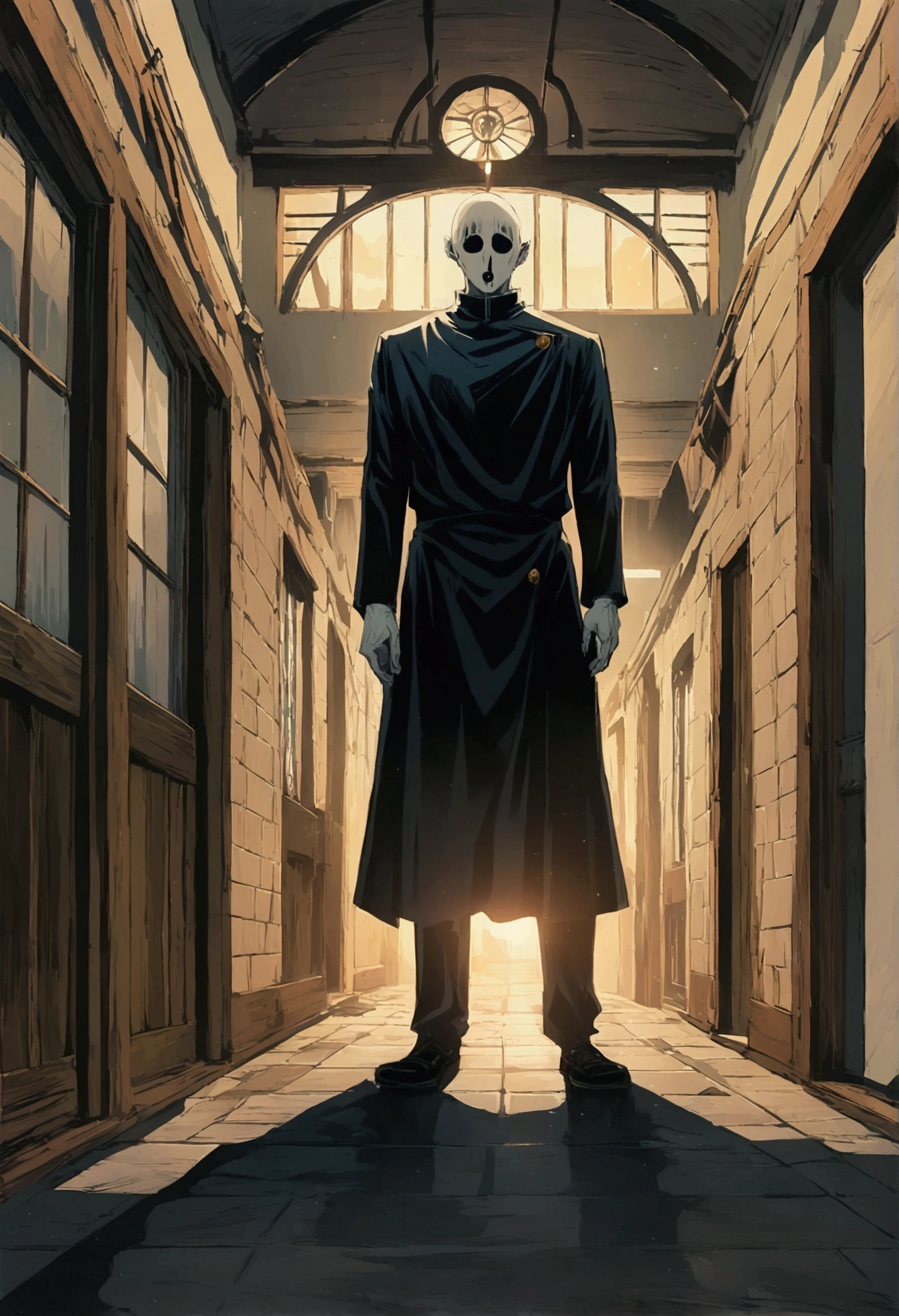 (jujutsu kaisen art style), ghostly man, ghastly, school hall, artwork