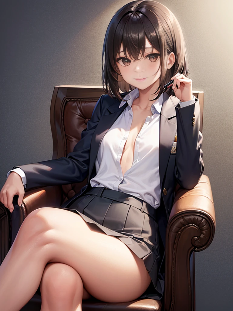 A  sits in a desk chair, legs crossed, wearing only a grey blazer, her small breasts hidden from view. Her short, wavy brown hair frames her intense brown eyes, and she's beaming a radiant smile. No shirt, no underwear, just the blazer. Pose her looking straight at the camera, capturing her from a side angle, showcasing her crossed legs and the phone in her hand. The background should be a simple, neutral setting.