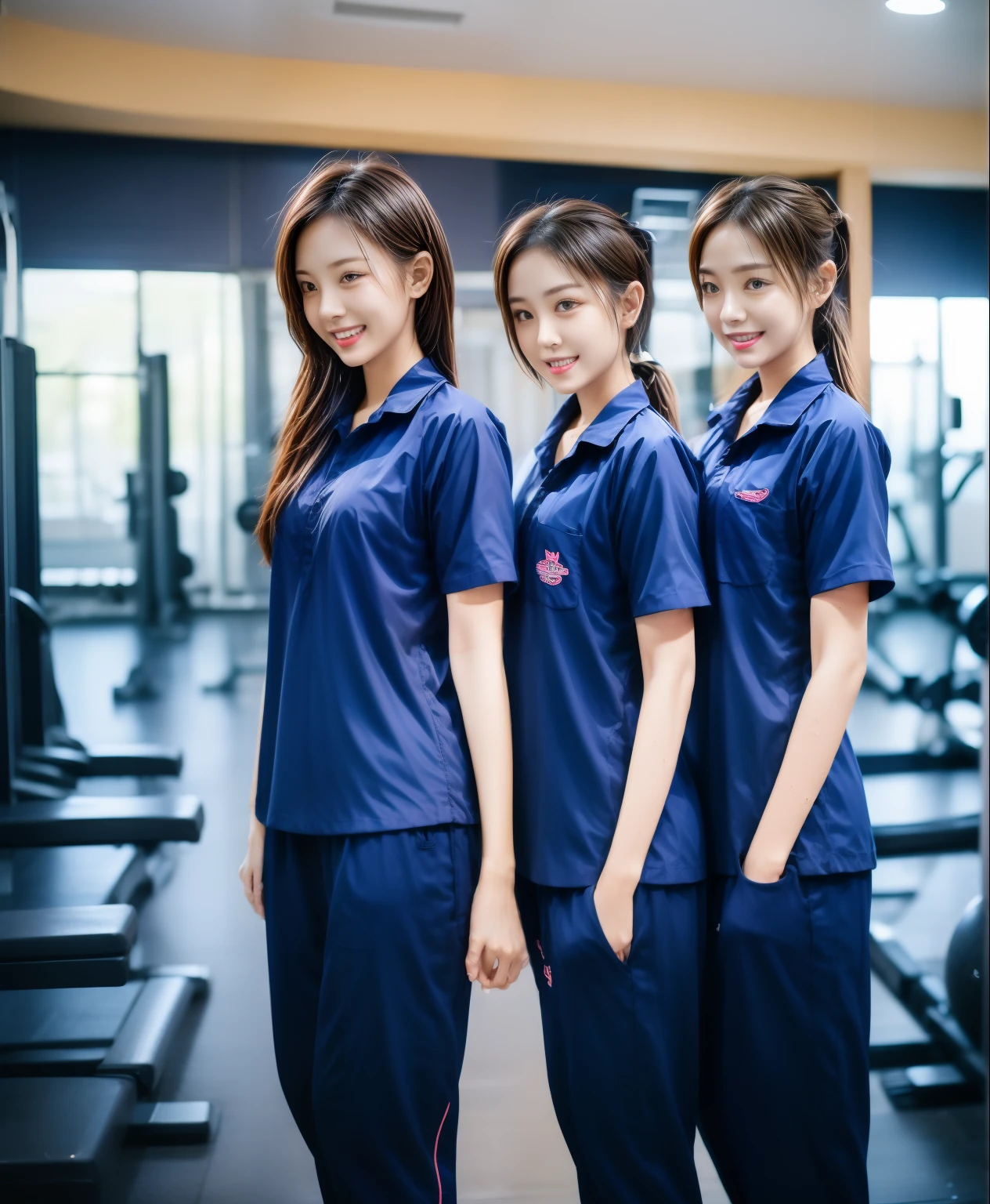 3 girls in fitness center, Navy blue short-sleeved shirt,Navy Long Trackpant,Sweatpants, Sweatpantsขายาว,25 year old girl, lesbian, sexy, exercise clothes, wet body, exercise clothes