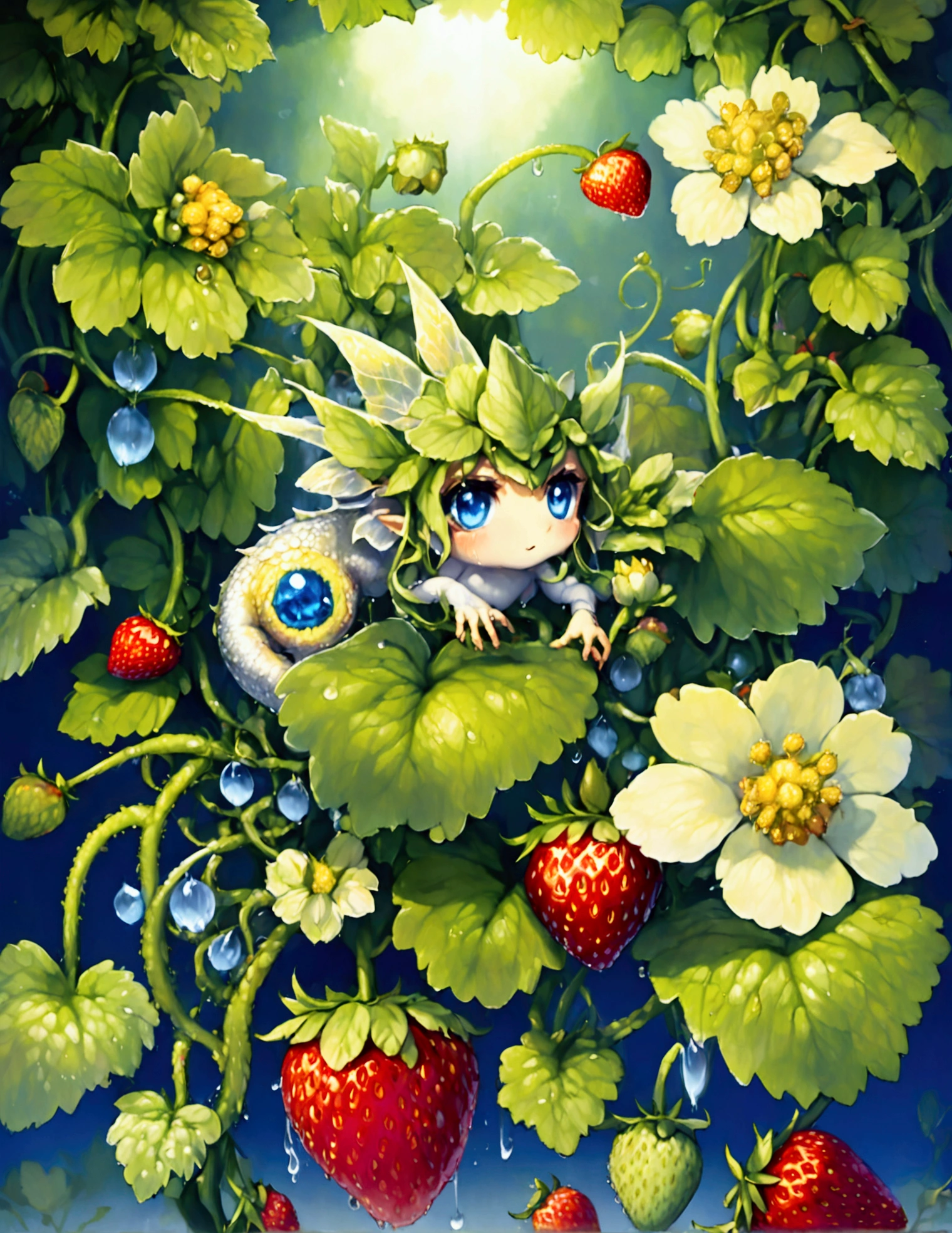 A strawberry plant with a few ripe strawberries and several maturing ones, dew drips off the plant, a silvery fairy dragon with big blue eyes is coiled under the plant looking longingly at ripe ones
