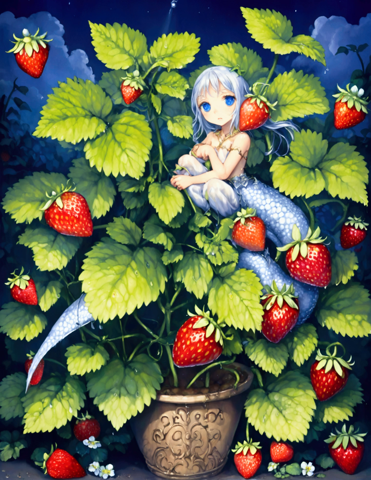 A strawberry plant with a few ripe strawberries and several maturing ones, dew drips off the plant, a silvery fairy dragon with big blue eyes is coiled under the plant looking longingly at ripe ones