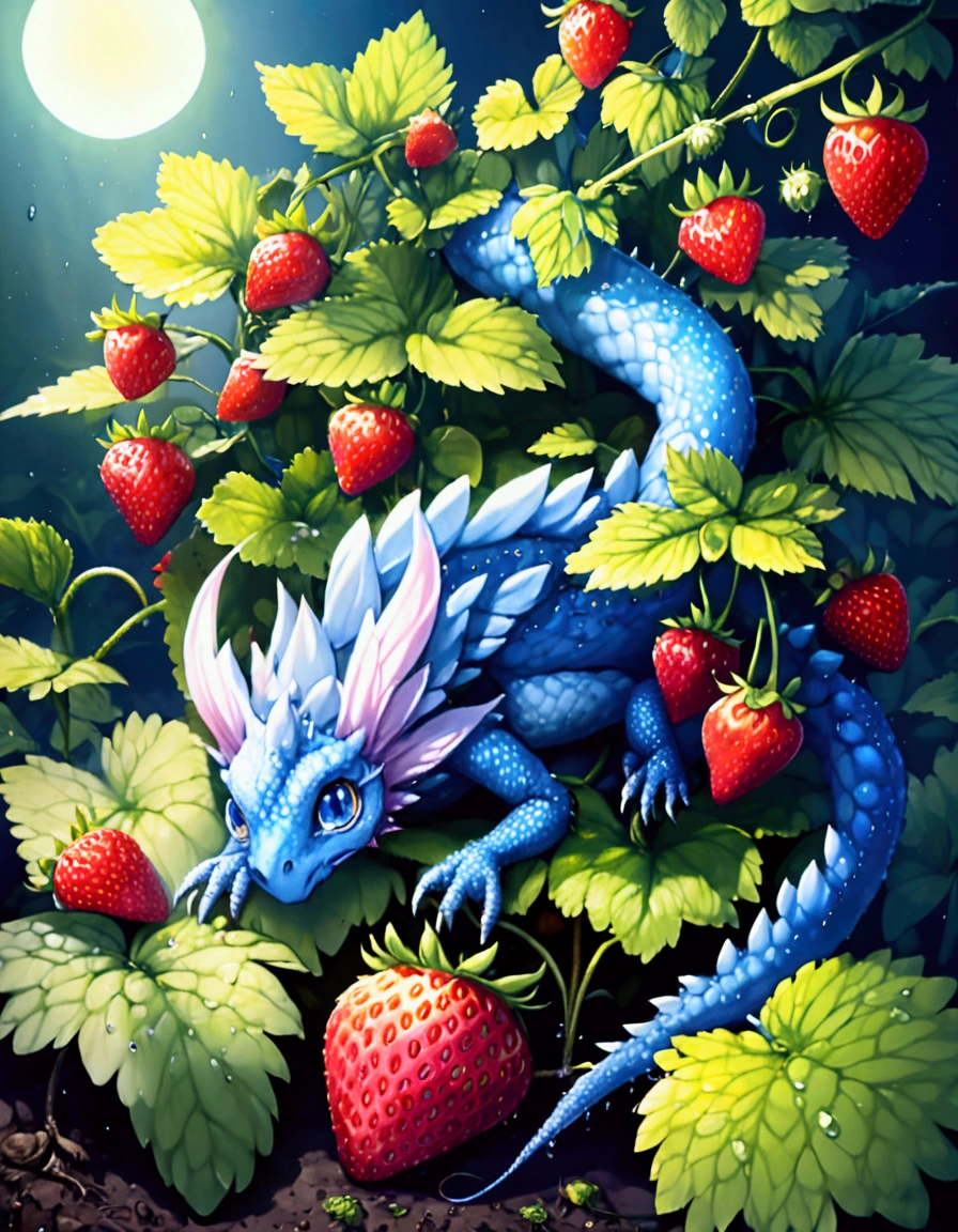 A strawberry plant with a few ripe strawberries and several maturing ones, dew drips off the plant, a silvery fairy dragon with big blue eyes is coiled under the plant looking longingly at ripe ones
