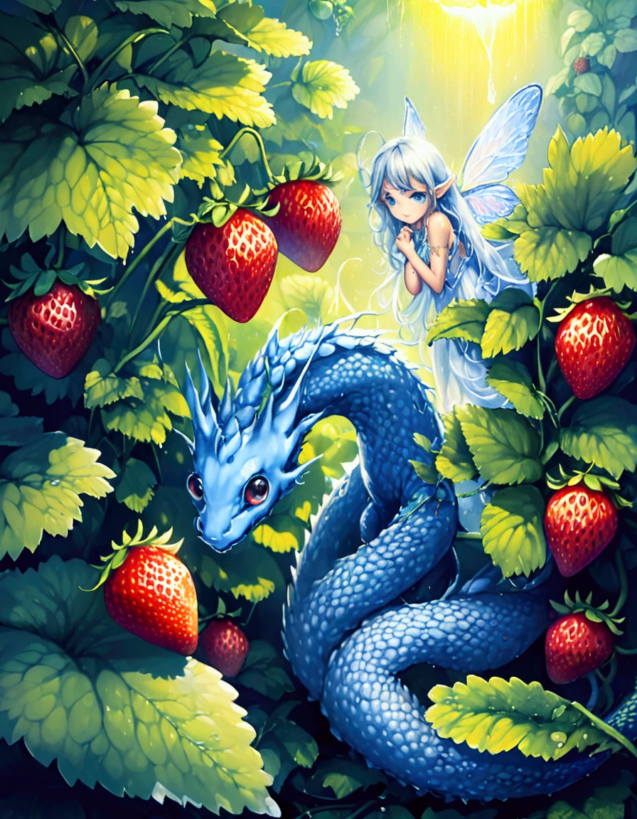 A strawberry plant with a few ripe strawberries and several maturing ones, dew drips off the plant, a silvery fairy dragon with big blue eyes is coiled under the plant looking longingly at ripe ones