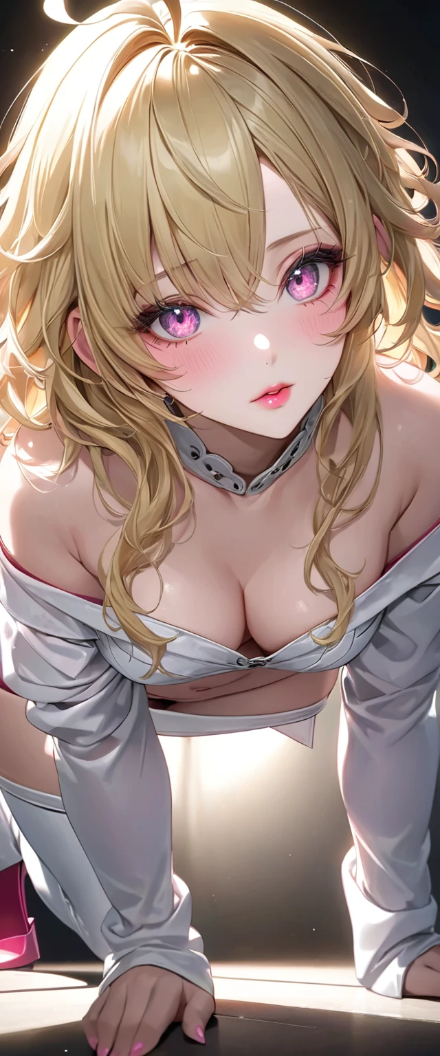 nsfw, (Perfect Anatomy)、Mastepiece、Ultra High Quality、 8k、masterpiece、Highest quality、Ultra-high resolution、Maximum resolution、Very detailed、Professional Lighting、anime、woman、thin、Very beautiful face、Very beautiful eyes、(Highly detailed eye)、Highly detailed face、Blonde, (ahoge), wavy hair, Pink eyes, blonde hair green dip-dye hair, stomach cutout, thigh boots, high heels, white mini pencil skirt, white off shoulder, makeup, eyeliner, eye shadow, pink cheek, pink lips, full body, (((Handstanding)))