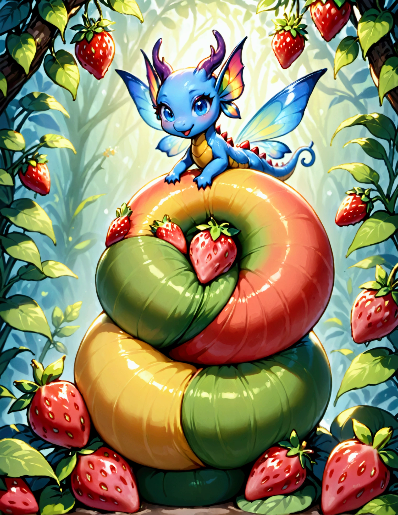 Cute  dragon drinking coffee, in a strawberry field. Vibrant colors 