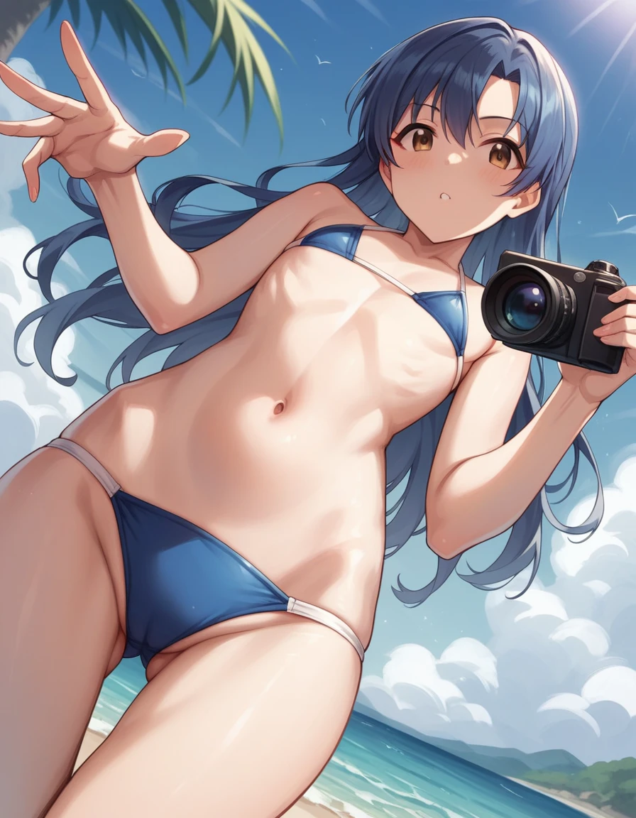 high quality, a beautiful 
woman, "Kisaragi Chihaya" from "The Idolmaster", summer,beach, small bikini swimwear, blue hair, long hair, small flat chest, slim waist, looking at camera, beautiful navel ,Pose like a gravure model,  shoot from below,