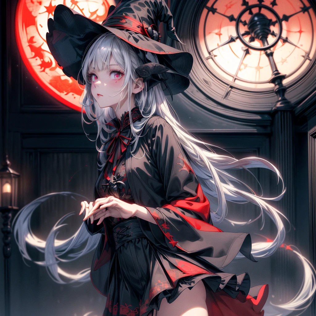 score_9, score_8_superior, score_7_superior, sauce_anime, masterpiece, Highest quality, High resolution, Highly detailed CG, Absurd, In the dark night, Midnight, indoor, in a dark and mysterious mansion, One girl, alone, ((Expressionless)), A Magus girl with white hair With a lantern and carry a magical Sickle, Witch Hat, Frilled short skirt, red and black outfit, Sickle, テーブルのsuperiorの頭蓋骨, Decorate the walls with bones, black_theme, Candela, ((mysterious)), ((Occultism)), (black_magic),For more information, click here XL,(((Perfect hands))), ((With a lantern)),((indoor))