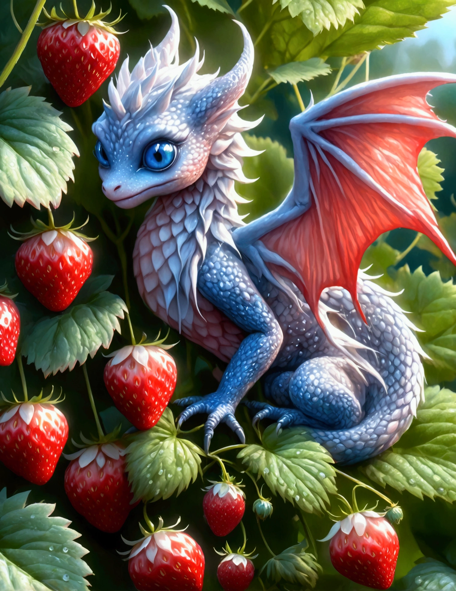 A strawberry plant with a few ripe strawberries and several maturing ones, dew drips off the plant, a silvery fairy dragon with big blue eyes is coiled under the plant looking longingly at ripe ones
