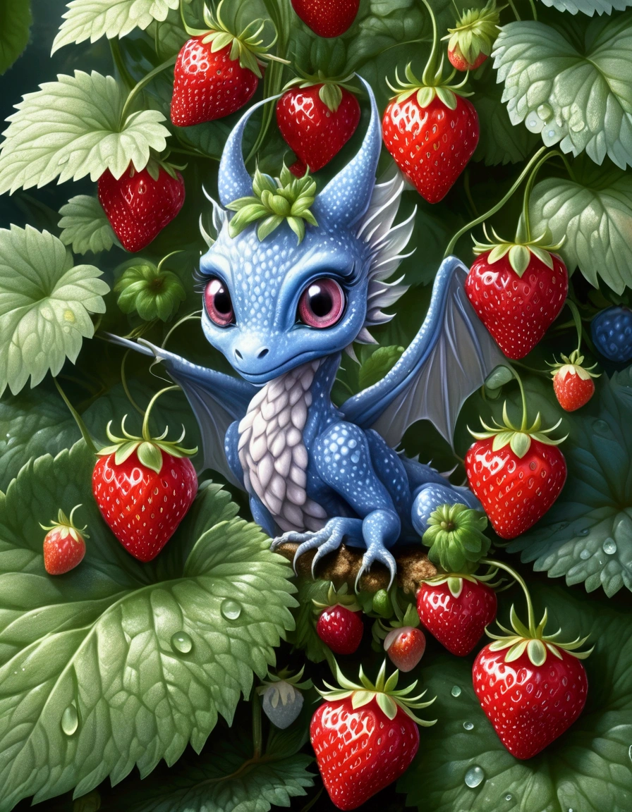 A strawberry plant with a few ripe strawberries and several maturing ones, dew drips off the plant, a silvery fairy dragon with big blue eyes is coiled under the plant looking longingly at ripe ones
