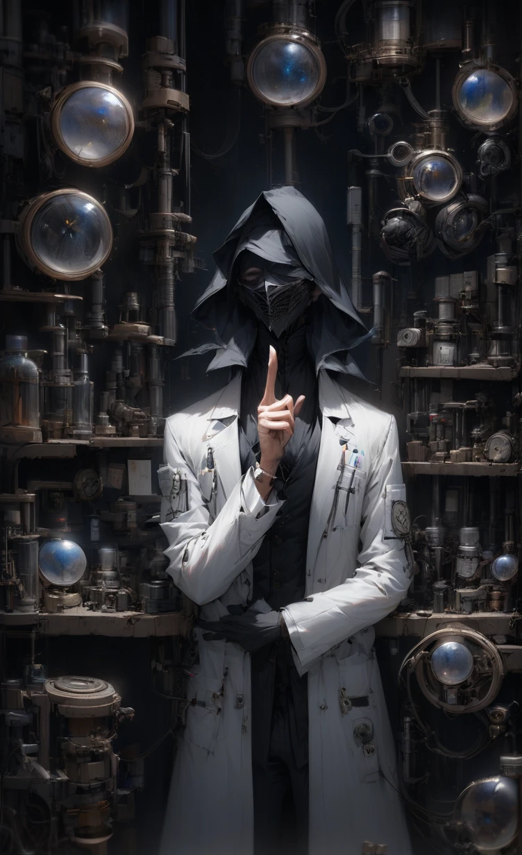 A captivating and enigmatic scene of a doctor wearing a stylish black mask, covering his nose and mouth. He is dressed in a pristine white lab coat, conveying an aura of authority. The doctor raises his index finger to his lips, urging for silence and discretion in this secretive moment. The background is a dimly lit, mysterious laboratory filled with various scientific equipment and containers, adding to the overall atmosphere of intrigue and secrecy.