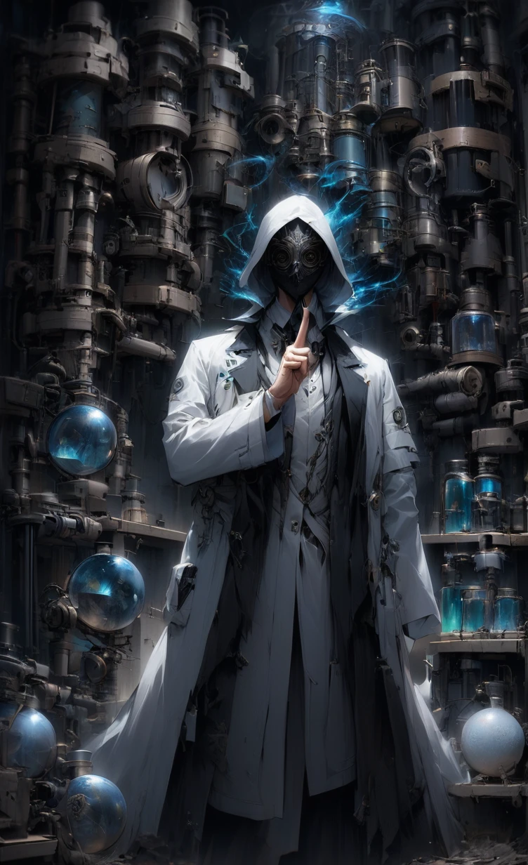 A captivating and enigmatic scene of a doctor wearing a stylish black mask, covering his nose and mouth. He is dressed in a pristine white lab coat, conveying an aura of authority. The doctor raises his index finger to his lips, urging for silence and discretion in this secretive moment. The background is a dimly lit, mysterious laboratory filled with various scientific equipment and containers, adding to the overall atmosphere of intrigue and secrecy.