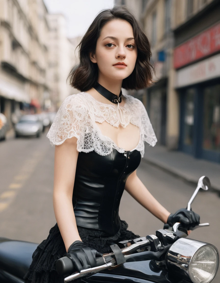 xxmixgirl, quite a bit body of a beautiful long and slender cute face Japanese girl, A gorgeous young cute asian woman in a sexy fishnet dress outfit, happy smiling, still from the film, ((young Marion Cotillard face : 1.2)), ((young Anne Hathaway face: 1.0)), from front, realistic portrait photo of a cute 21 years old girl, looks at viewer, wavy nose, full lips, natural skin, skin moles,(cinematic, film grain:1.1), ((asian winged eyes, very long and slender slim face, windy tousled, very long straight black hair)), pretty eyes, gorgeous, sexy, alluring, makeup, perfect face, seductive look, sitting on a motorbike city street , blonde hair, short curls, blue eyes, wearing collar, steel corset with buckles, in a latex French maid outfit, white stockings, short gloves, frills, sitting on a motorbike Detailed and Intricate, Happy, Colorful, Dramatic, (Leica SL3, Summicron-SL 75 f/2 ASPH, kodak Ektar 200 film), hands up, bokeh, silhouette, shallowed depth of field, dynamic action pose, hands up,