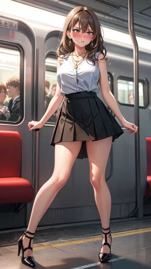 nsfw, (8k、Best image quality、Highest quality、masterpiece)、Detailed face、Detailed Background, Improve、A beautiful 35 year old woman, (Light Brown Hair:1.3), Long wavy hair, blunt bang, Big Tits, (White sleeveless blouse), (Black Mini Skirt), Gold Necklace, Earrings, Dark high heels, (A tense look:1.5), (Blushing:1.4), Stand in a crowded train, (Have a skirt:1.5), from front, full body, (panties visible:1.3)