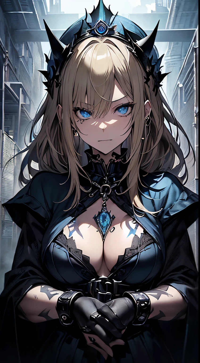 top-quality、Top image quality、masterpiece、girl with((18year old、dark outfit、prisoner、 Best Bust、Bust 85、a blond、Semi-long、Blue eyes、open chest wide、Valley、Happiness、A slender、Provocative behavior、Evil face、Handcuffed、High laughter、Skull Tattoo、Tattoo of roses、Targeting your audience、Tighten blue rose hair、Black aura,Dark Forces,blue flames、Chain Accessories))hiquality、Beautiful Art、Background with((prison、Dark impression、House of Darknesany chainasutepiece、Elaborate design、visualart、dark art