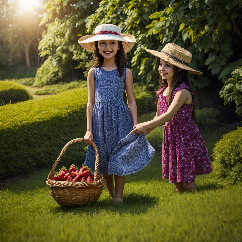 strawberry, detailed strawberry, strawberry field, 1 girl, girl in strawberry field, beautiful girl, beautiful girl in strawberry field, girl picking strawberry, girl with basket of strawberries, girl smiling, girl in summer dress, girl in sun hat, girl in natural lighting, natural lighting, vibrant colors, lush foliage, detailed foliage, detailed leaves, detailed grass, realistic, photorealistic, 8k, high resolution, masterpiece, detailed painting, digital painting, oil painting, hyperrealistic