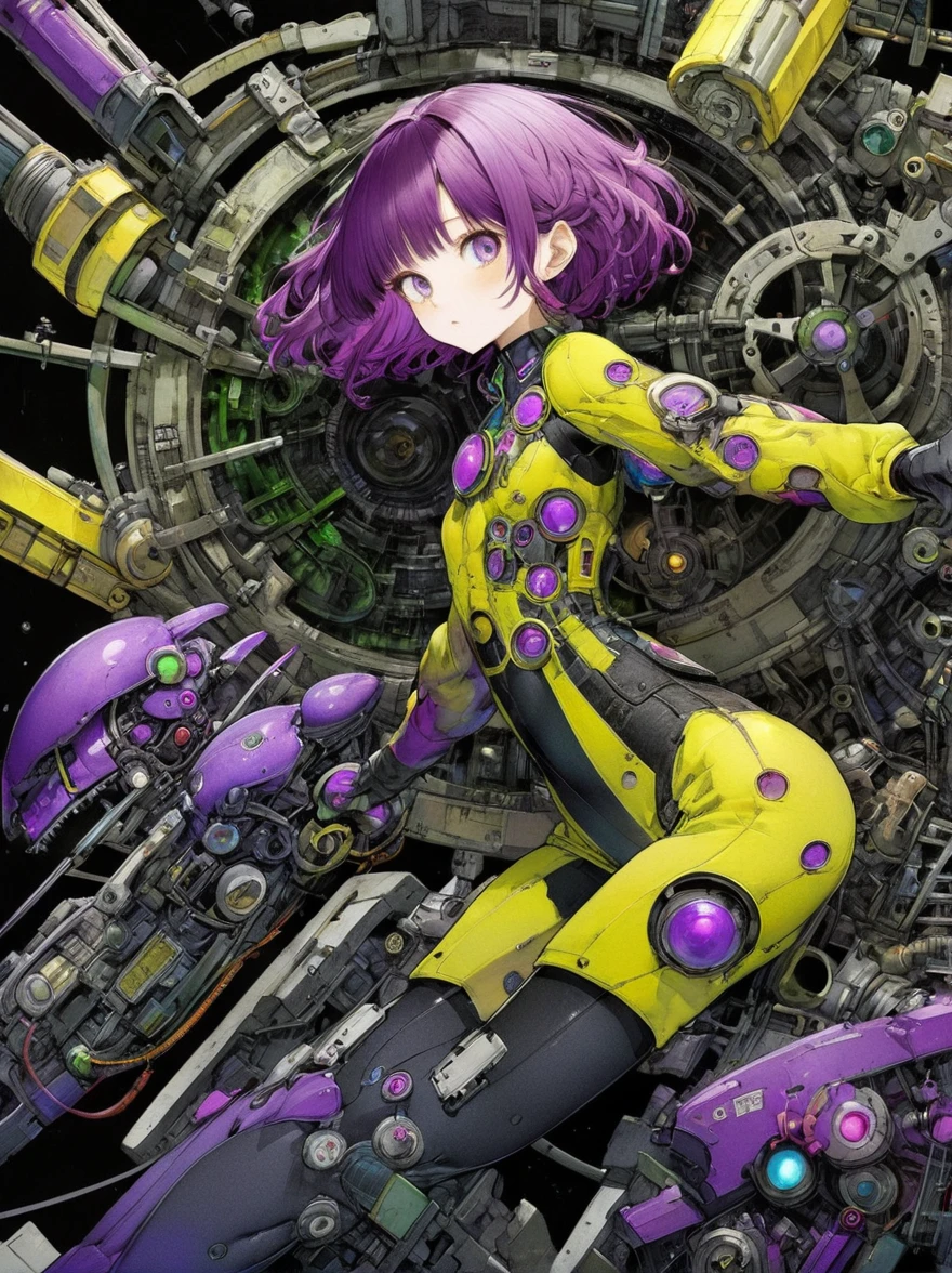 ((pay attention to the plan:1.5, plano general, whole body:1.5)), 1 beautiful girl in technical clothing, mechanical spider, circles, Fractals,(black outline art) By Yoshitaka Amano,Travis Charest. colors, land, cian, yellow, green. magenta, violet, cian, HD, image hyper sharpness,(Best Quality:1.3, 32K,High Definition:1.3, 4x ,ultra sharp, High resolution, professional) ,cinematographic, fisheye photography:1.6,