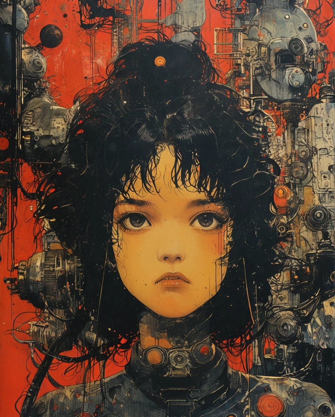 philippe druillet,enki bilal inspired french comics art "Oil Style、digitalart、1990s anime style、Black Hair Bob、Japan beautiful girl、18year old", the contrast in colors and textures should be distinct surreal,sense of motion,vibrant yet slightly desaturated,dramatic lighting,highly detailed,retro-futuristic,grainy texture