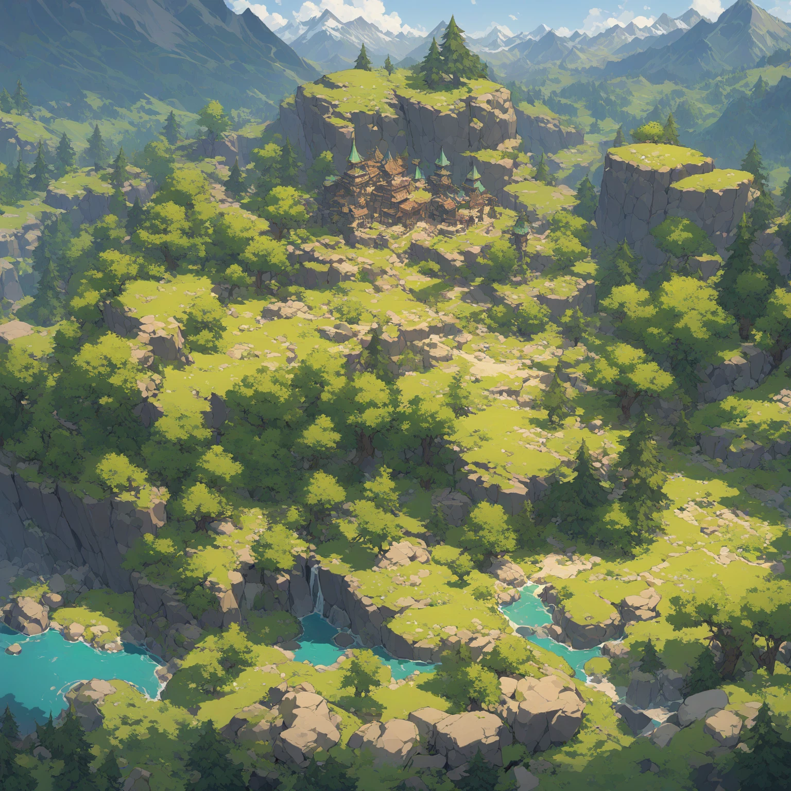 Create a set of tileable game art elements in a 3/4 perspective, including mountains, detailed trees, and other environmental features. The art should have:
Tileable Mountains: Design seamless, tileable mountain tiles with diverse shapes and elevations, including peaks, ridges, and valleys. Ensure the mountains have rich textures with rocky surfaces and subtle details. Use vibrant colors to depict different mountain zones, such as lush green forests at lower elevations, rocky gray peaks, and snowy caps at the highest points.
Detailed Trees: Include various types of trees with detailed, vibrant foliage and bark textures. The trees should vary in shape and size to add visual interest. Ensure the tree tiles are designed to seamlessly tile in a 3/4 perspective, maintaining continuity and coherence when repeated.
Environmental Elements: Add other environmental features like grass, rocks, and small shrubs, all in a 3/4 perspective. These elements should also be tileable and designed to blend smoothly with the mountains and trees. Use vibrant colors to highlight different areas, such as bright green grass, colorful wildflowers, and varied rock textures.
Lighting and Shadow: Incorporate dynamic lighting and shadow effects to enhance depth and dimension, making the elements visually appealing in a game setting.
The resulting tiles should be visually vibrant, seamlessly tileable, and suitable for creating expansive, detailed game environments with a 3/4 perspective.