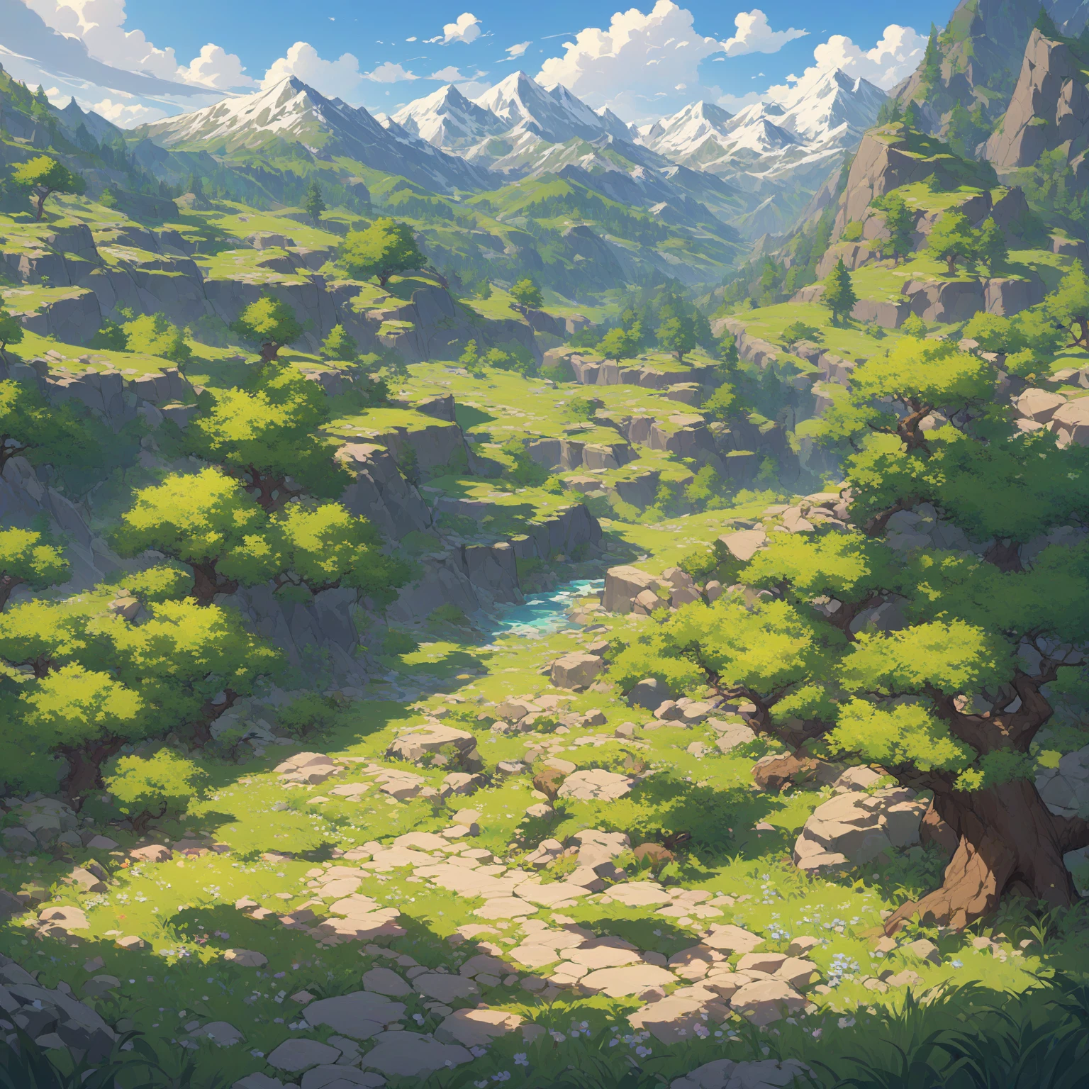 Create a set of tileable game art elements in a 3/4 perspective, including mountains, detailed trees, and other environmental features. The art should have:
Tileable Mountains: Design seamless, tileable mountain tiles with diverse shapes and elevations, including peaks, ridges, and valleys. Ensure the mountains have rich textures with rocky surfaces and subtle details. Use vibrant colors to depict different mountain zones, such as lush green forests at lower elevations, rocky gray peaks, and snowy caps at the highest points.
Detailed Trees: Include various types of trees with detailed, vibrant foliage and bark textures. The trees should vary in shape and size to add visual interest. Ensure the tree tiles are designed to seamlessly tile in a 3/4 perspective, maintaining continuity and coherence when repeated.
Environmental Elements: Add other environmental features like grass, rocks, and small shrubs, all in a 3/4 perspective. These elements should also be tileable and designed to blend smoothly with the mountains and trees. Use vibrant colors to highlight different areas, such as bright green grass, colorful wildflowers, and varied rock textures.
Lighting and Shadow: Incorporate dynamic lighting and shadow effects to enhance depth and dimension, making the elements visually appealing in a game setting.
The resulting tiles should be visually vibrant, seamlessly tileable, and suitable for creating expansive, detailed game environments with a 3/4 perspective.
