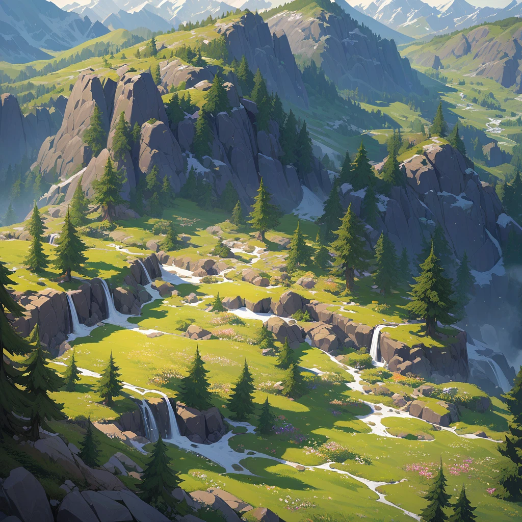 Vibrant colors, 3/4 perspective, tileable game art, detailed mountains, lush trees, environmental features. High-resolution, seamless tiles, dynamic lighting, realistic shadows. Mountains with diverse shapes, rocky textures, snowy peaks, forested lower elevations. Intricate, varied trees, vibrant foliage, detailed bark. Grass, rocks, shrubs, vibrant green grass, colorful wildflowers, varied rock textures. Masterpiece:1.2, ultra-detailed, illustration style. 3/4 perspective tileable mountain tiles, 3/4 perspective tileable trees, 3/4 perspective tileable environmental elements. Very detailed mountain texture, intricate tree designs, vibrant environmental textures.